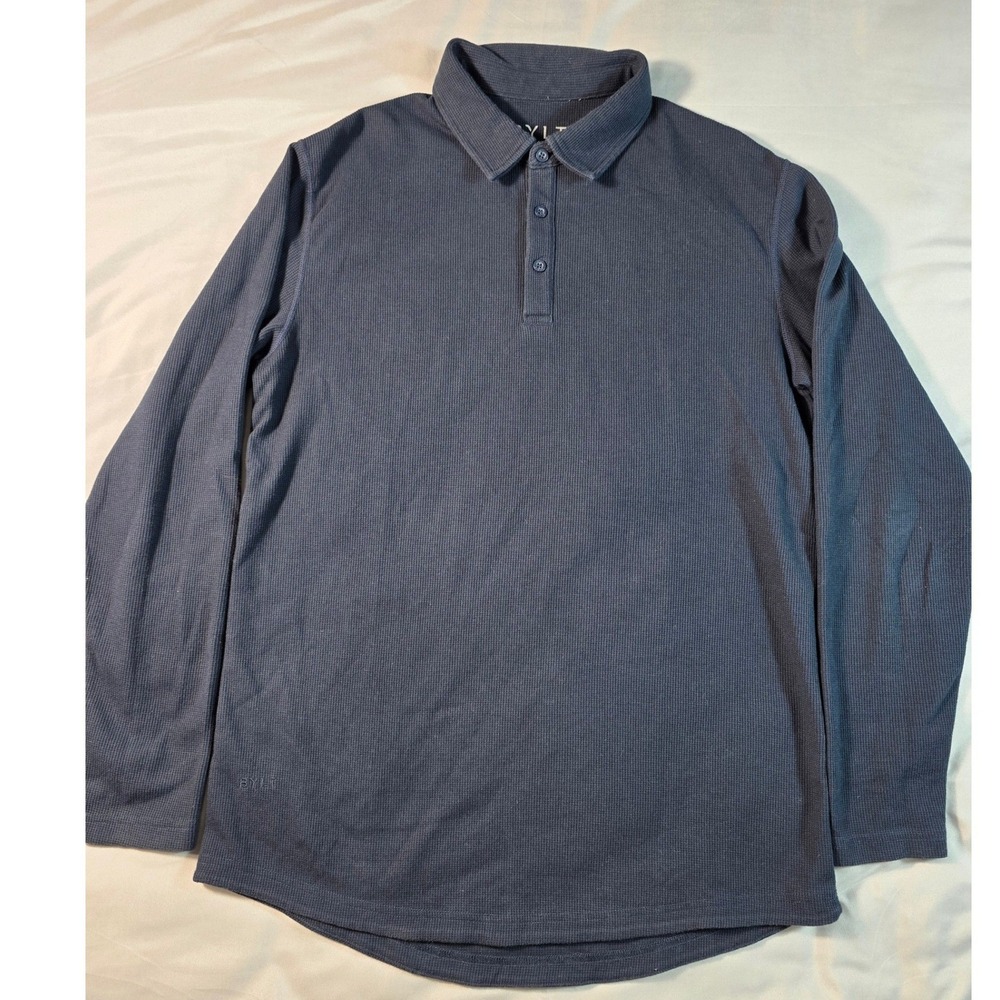 BYLT Polo Shirt Mens Medium Navy Blue‎ Waffle Knit Long Sleeve